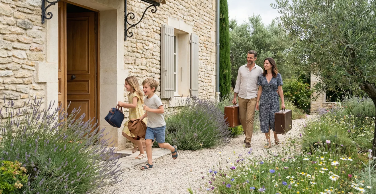 Famille arrivant devant une villa provençale au Lavandou avec des valises