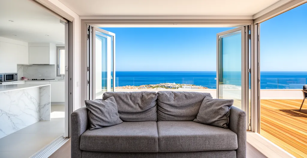 Intérieur lumineux d'un appartement de vacances au Lavandou avec vue sur la mer