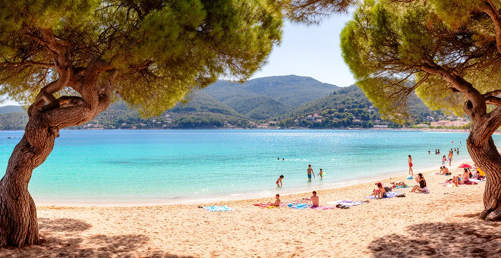Vue panoramique sur une plage de sable fin du Lavandou avec eau turquoise